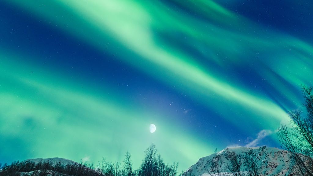 Aurora and a bright moon in the same winter sky above snow near Tromso