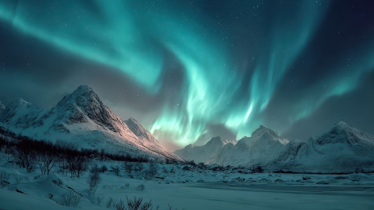 Bright aurora above a snow covered valley under a clear night sky