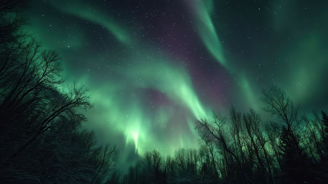 Aurora above snow covered pine forest on a clear Lapland night