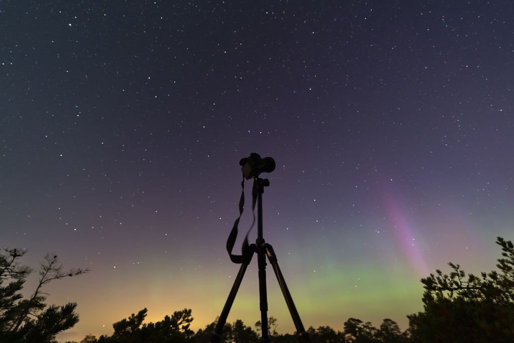 A mirrorless camera mounted on a tripod points at a starry sky with faint aurora